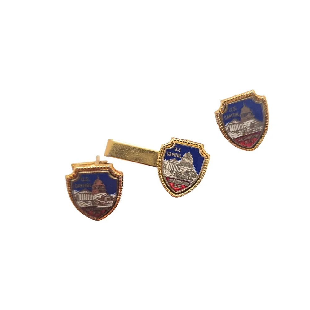 Vintage US Capitol Washington DC Shield Enamel Cufflinks and Tie Clip Set Gold